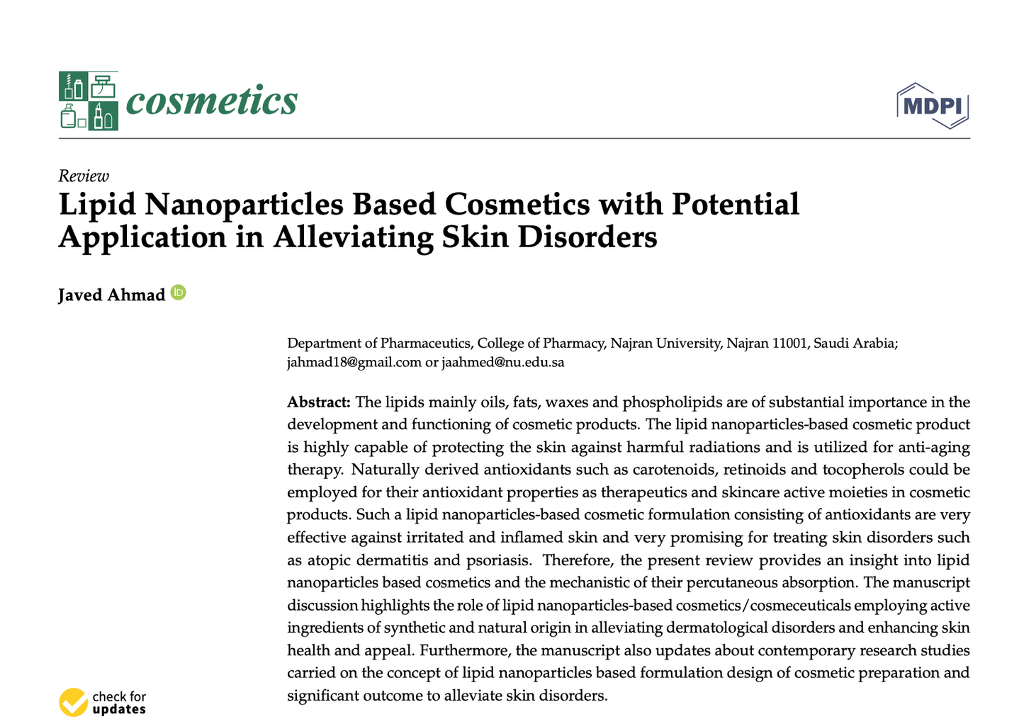 Lipid Nanoparticles Based Cosmetics