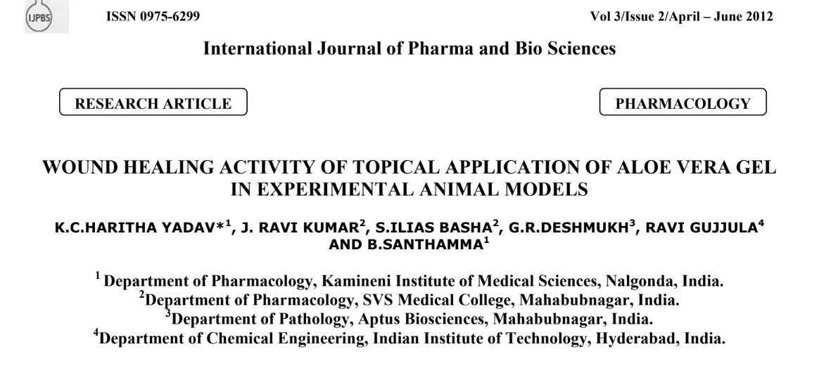 WOUND HEALING ACTIVITY OF TOPICAL APPLICATION OF ALOE VERA GEL  IN EXPERIMENTAL ANIMAL MODELS