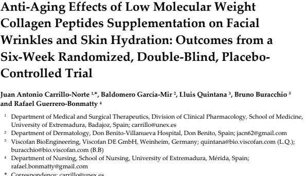 Anti-Aging Effects of Low Molecular Weight Collagen Peptides Supplementation on Facial Wrinkles and Skin Hydration: Outcomes from a  Six-Week Randomized, Double-Blind, Placebo- Controlled Trial