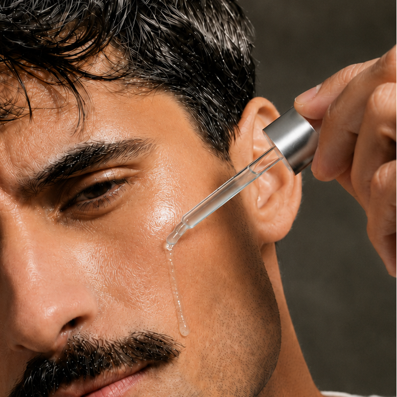A close-up of a man with a mustache applying a clear skincare serum from a glass dropper pipette to his cheek, wearing a white t-shirt against a dark gray background.