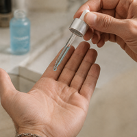 A close-up of a hand holding a glass dropper bottle above another hand, with a single clear liquid drop hanging over the palm. A small blue bottle is blurred in the background on a light countertop.